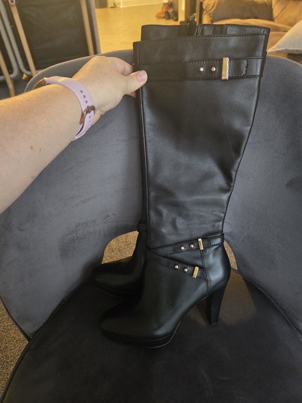 Cole Haan Black Leather Knee-High Heeled Boots with Gold Hardware